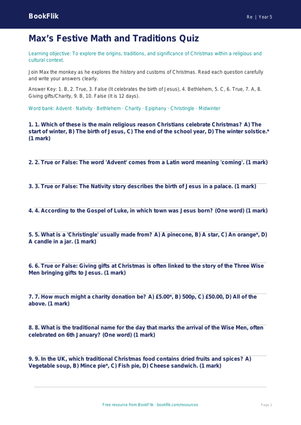 Free Christmas Quiz | Grade 4 | Social Studies | BookFlik worksheet preview — Re Christmas