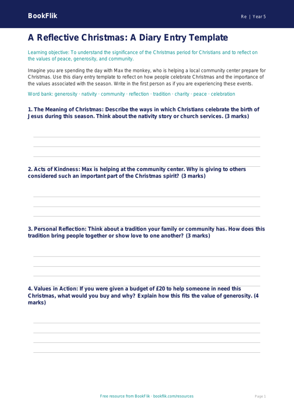 Free Christmas Template | Grade 4 | Social Studies | BookFlik worksheet preview — Re Christmas