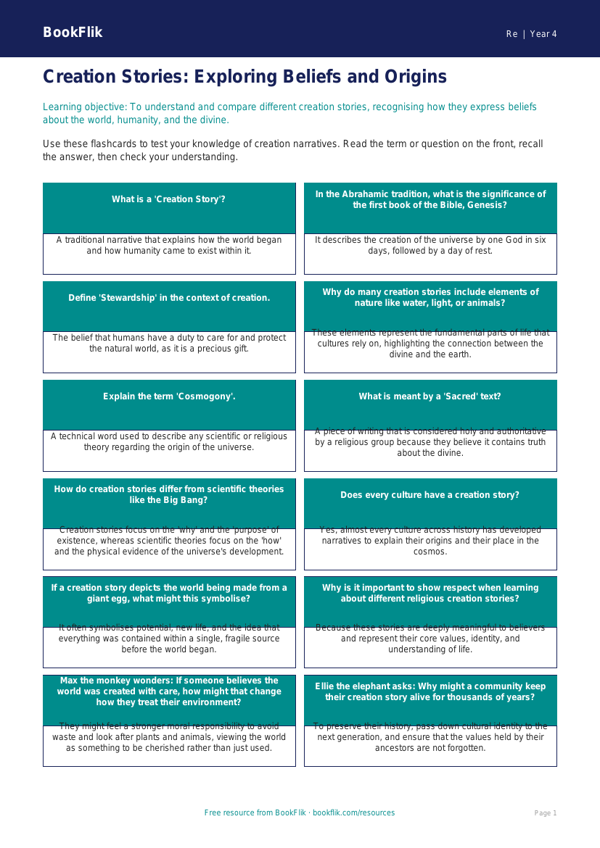 Free Creation Stories Flashcards | Grade 3 | Social Studies | BookFlik worksheet preview — Re Creation Stories