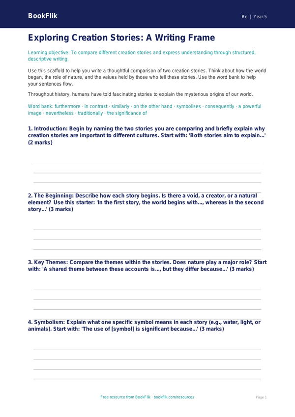 Free Creation Stories Writing Frame | Grade 4 | Social Studies | BookFlik worksheet preview — Re Creation Stories