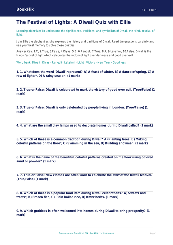 Free Diwali Quiz | Grade 3 | Social Studies | BookFlik worksheet preview — Re Diwali