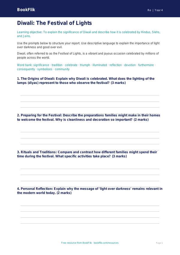 Free Diwali Writing Frame | Grade 3 | Social Studies | BookFlik worksheet preview — Re Diwali