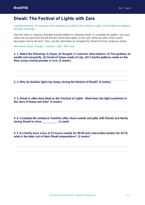 Free Diwali Activity Sheet | Grade 4 | Social Studies | BookFlik worksheet preview — Re Diwali