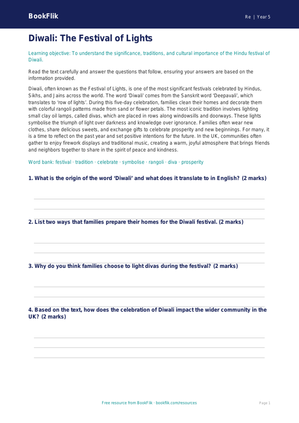 Free Diwali Comprehension | Grade 4 | Social Studies | BookFlik worksheet preview — Re Diwali