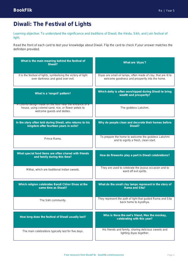 Free Diwali Flashcards | Grade 4 | Social Studies | BookFlik worksheet preview — Re Diwali