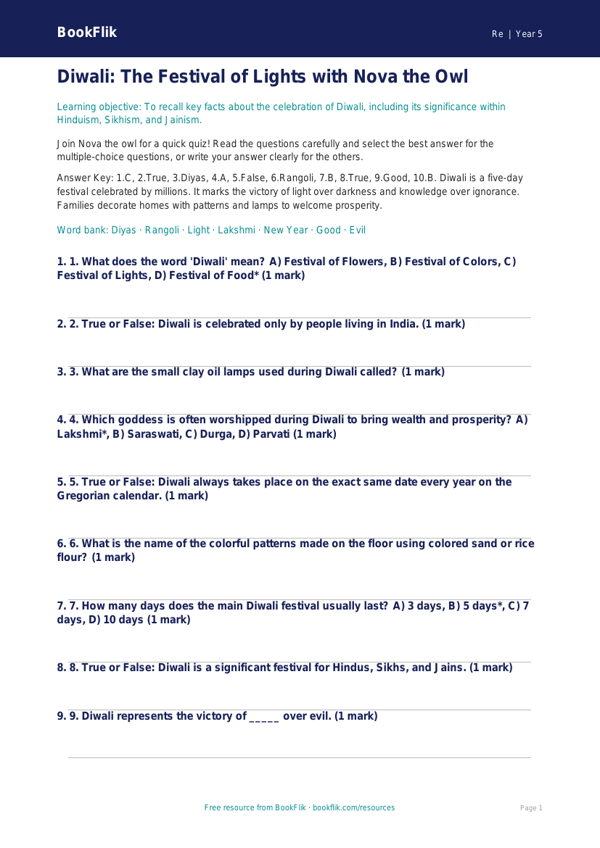 Free Diwali Quiz | Grade 4 | Social Studies | BookFlik worksheet preview — Re Diwali