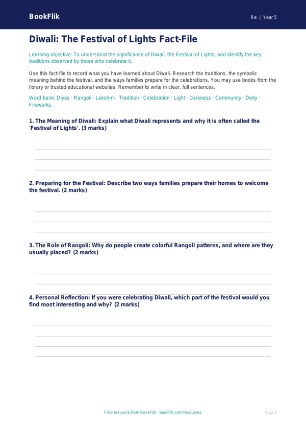 Free Diwali Template | Grade 4 | Social Studies | BookFlik worksheet preview — Re Diwali