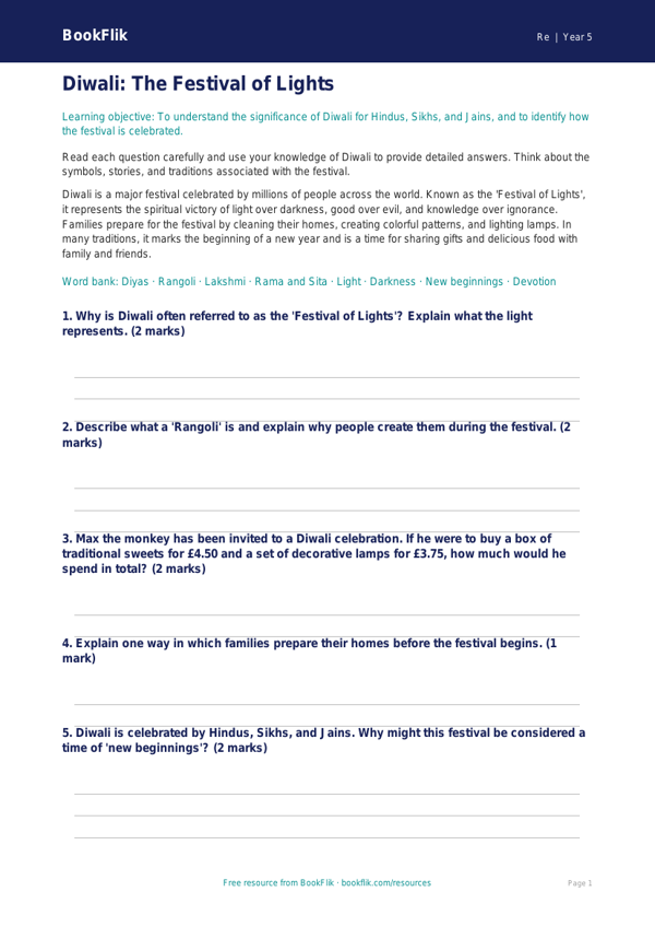 Free Diwali Worksheet | Grade 4 | Social Studies | BookFlik worksheet preview — Re Diwali