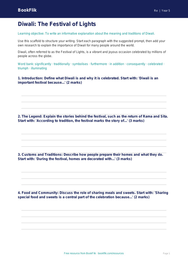 Free Diwali Writing Frame | Grade 4 | Social Studies | BookFlik worksheet preview — Re Diwali