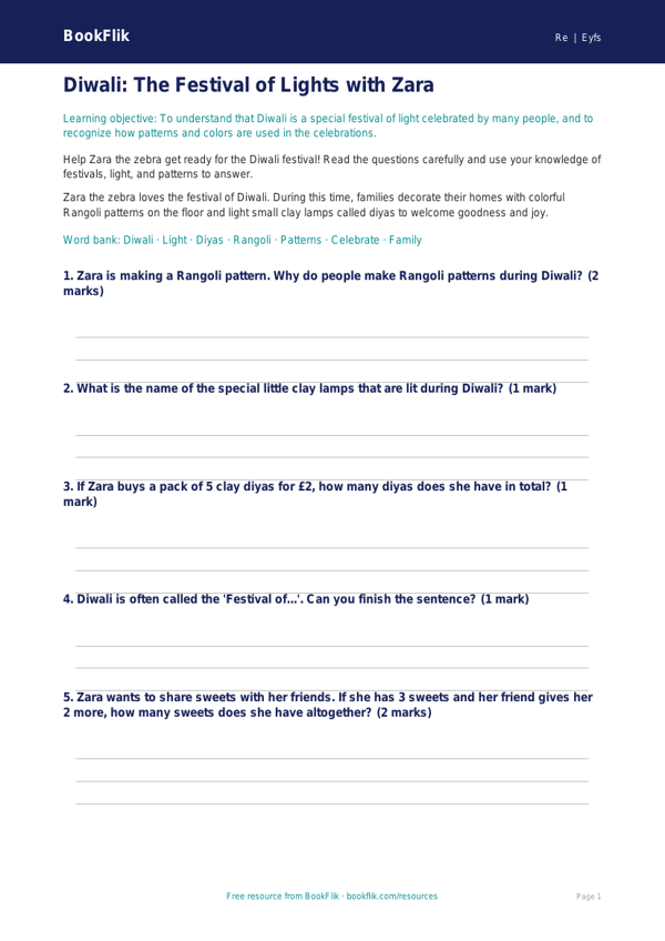 Free Diwali Worksheet | Pre-K | Social Studies | BookFlik worksheet preview — Re Diwali
