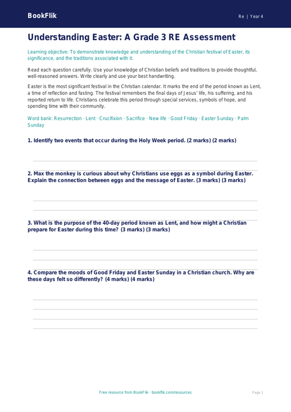 Free Easter Assessment | Grade 3 | Social Studies | BookFlik worksheet preview — Re Easter