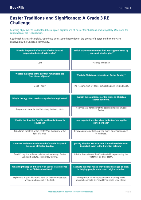 Free Easter Flashcards | Grade 3 | Social Studies | BookFlik worksheet preview — Re Easter