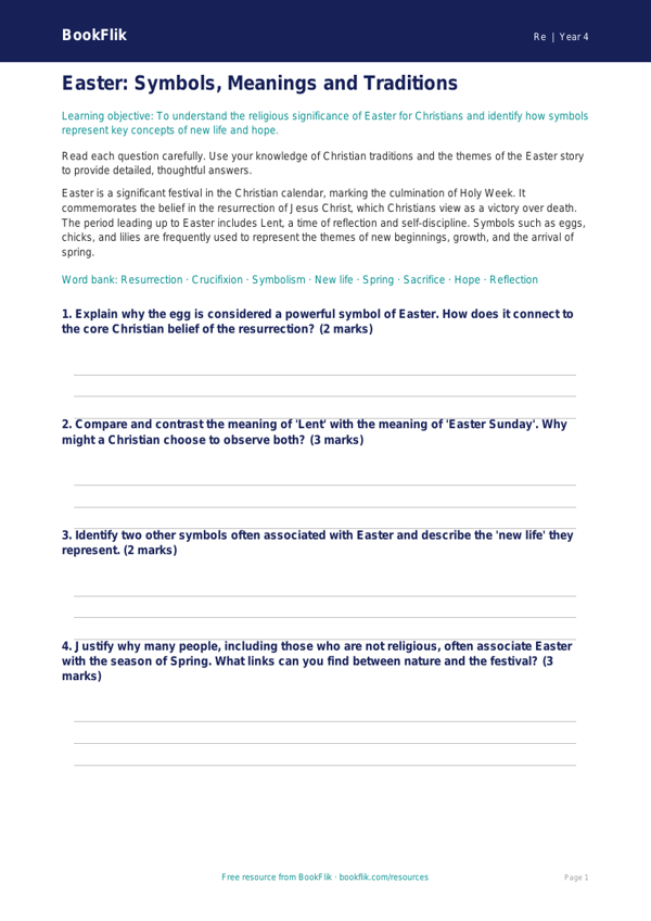 Free Easter Worksheet | Grade 3 | Social Studies | BookFlik worksheet preview — Re Easter