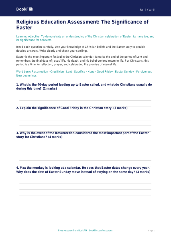 Free Easter Assessment | Grade 4 | Social Studies | BookFlik worksheet preview — Re Easter