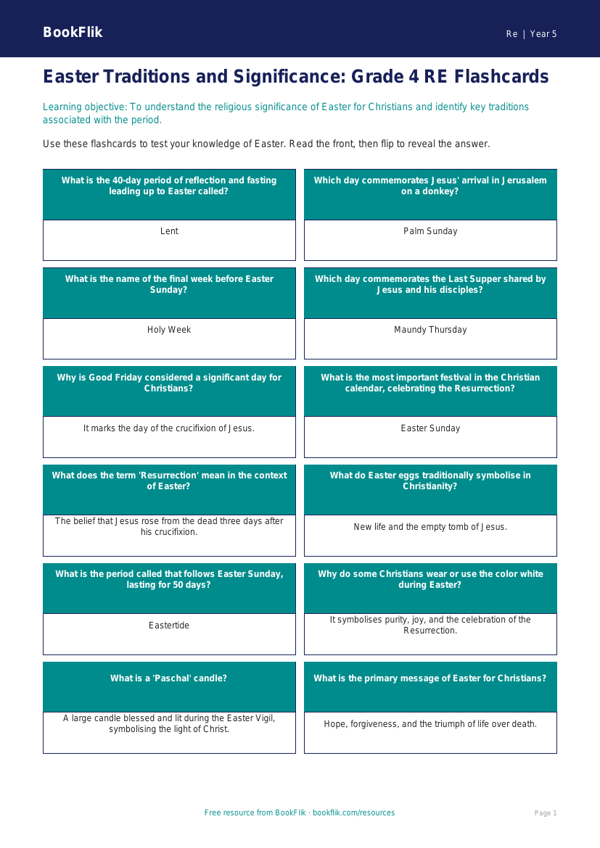 Free Easter Flashcards | Grade 4 | Social Studies | BookFlik worksheet preview — Re Easter