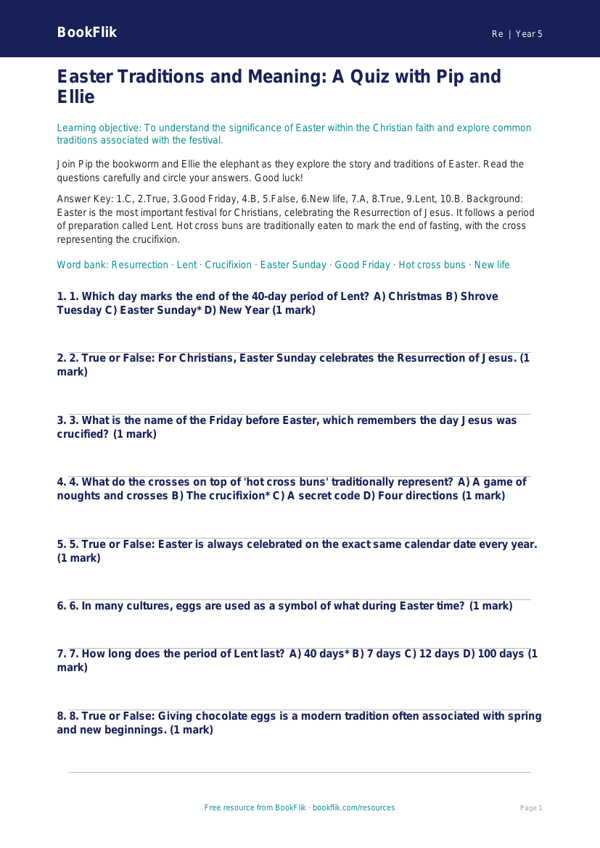 Free Easter Quiz | Grade 4 | Social Studies | BookFlik worksheet preview — Re Easter