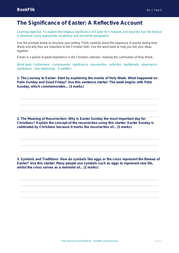 Free Easter Writing Frame | Grade 4 | Social Studies | BookFlik worksheet preview — Re Easter