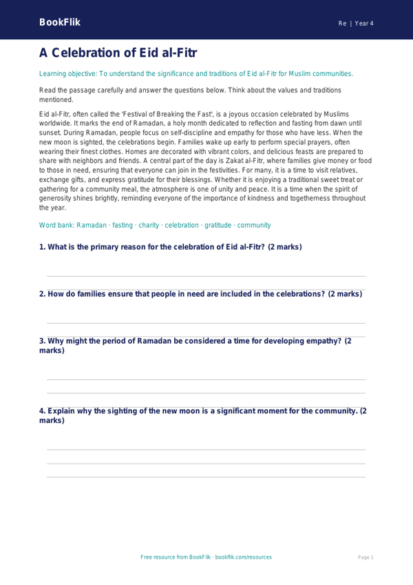Free Eid Comprehension | Grade 3 | Social Studies | BookFlik worksheet preview — Re Eid
