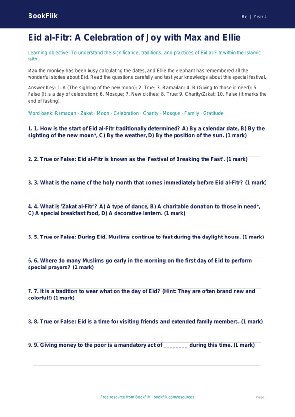 Free Eid Quiz | Grade 3 | Social Studies | BookFlik worksheet preview — Re Eid
