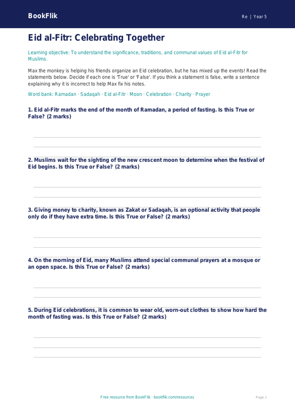 Free Eid Activity Sheet | Grade 4 | Social Studies | BookFlik worksheet preview — Re Eid