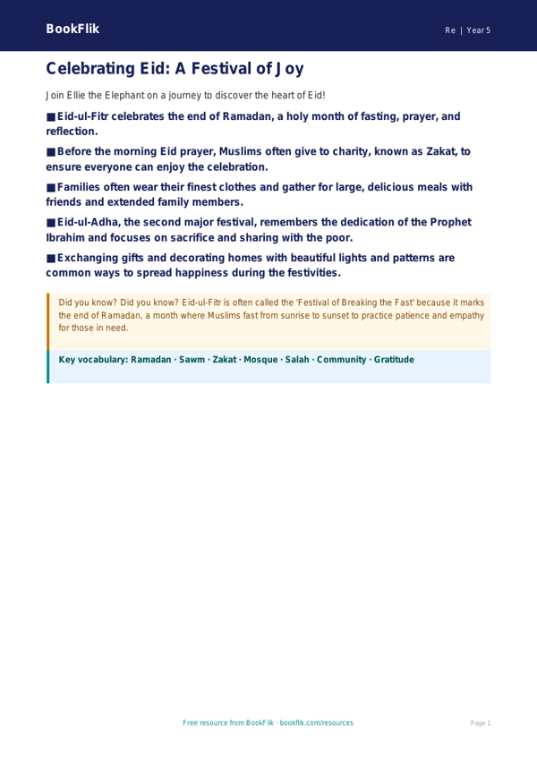 Free Eid Poster | Grade 4 | Social Studies | BookFlik worksheet preview — Re Eid