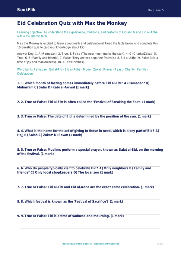 Free Eid Quiz | Grade 4 | Social Studies | BookFlik worksheet preview — Re Eid
