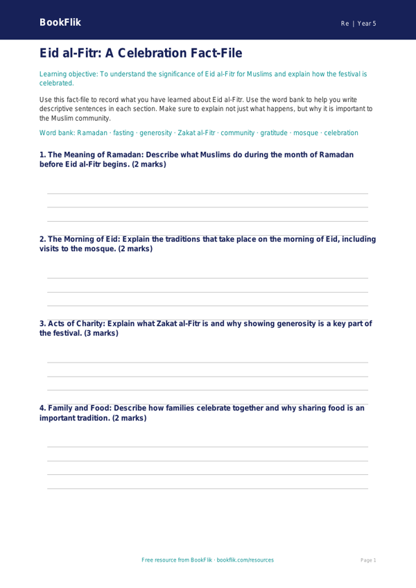 Free Eid Template | Grade 4 | Social Studies | BookFlik worksheet preview — Re Eid