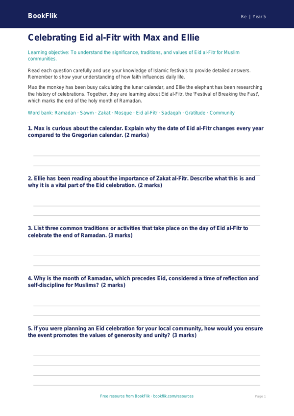 Free Eid Worksheet | Grade 4 | Social Studies | BookFlik worksheet preview — Re Eid