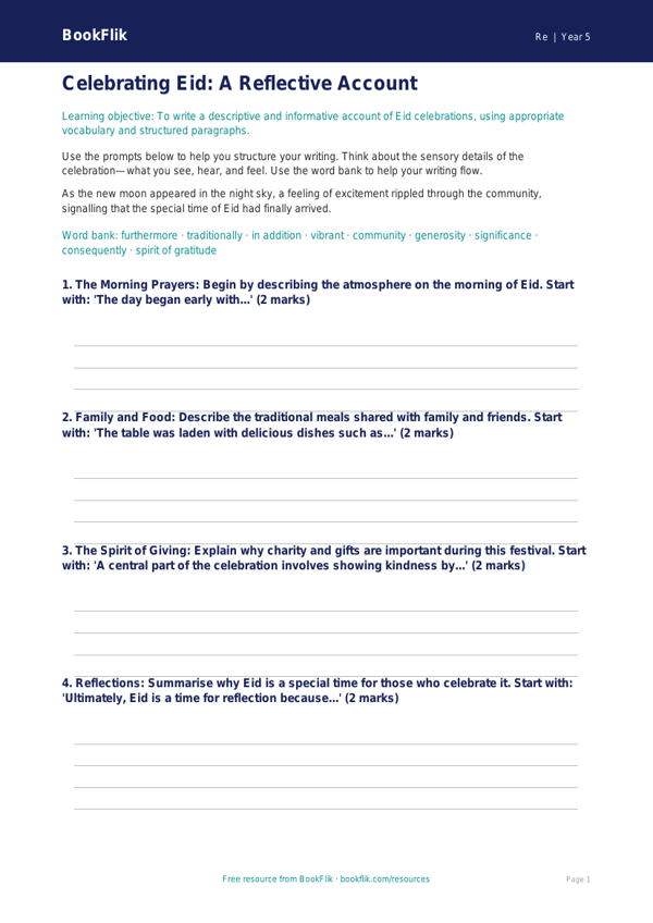 Free Eid Writing Frame | Grade 4 | Social Studies | BookFlik worksheet preview — Re Eid