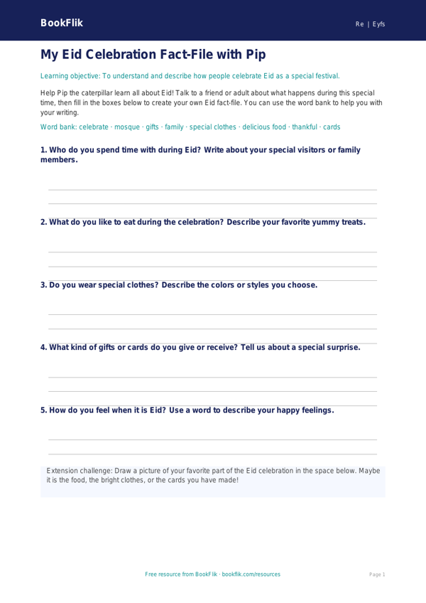 Free Eid Template | Pre-K | Social Studies | BookFlik worksheet preview — Re Eid