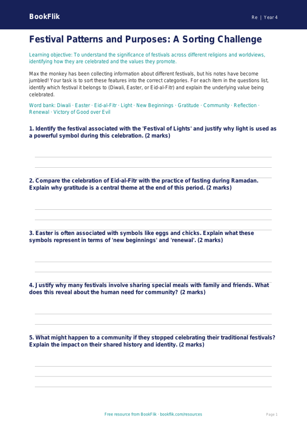 Free Festivals Activity Sheet | Grade 3 | Social Studies | BookFlik worksheet preview — Re Festivals