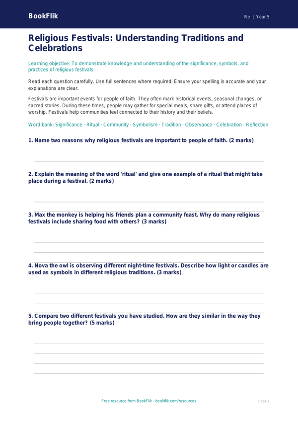 Free Festivals Assessment | Grade 4 | Social Studies | BookFlik worksheet preview — Re Festivals