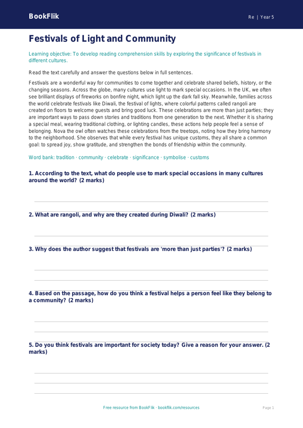 Free Festivals Comprehension | Grade 4 | Social Studies | BookFlik worksheet preview — Re Festivals