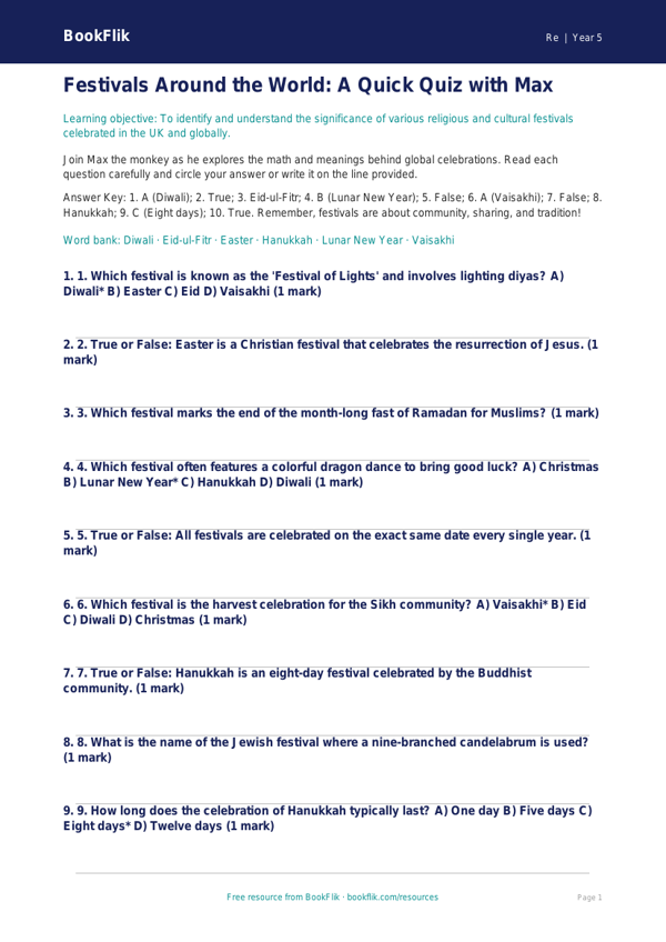 Free Festivals Quiz | Grade 4 | Social Studies | BookFlik worksheet preview — Re Festivals