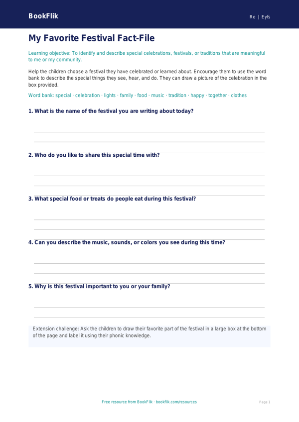 Free Festivals Template | Pre-K | Social Studies | BookFlik worksheet preview — Re Festivals