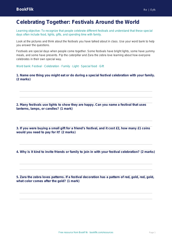 Free Festivals Worksheet | Pre-K | Social Studies | BookFlik worksheet preview — Re Festivals
