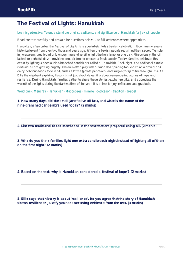 Free Hanukkah Comprehension | Grade 3 | Social Studies | BookFlik worksheet preview — Re Hanukkah