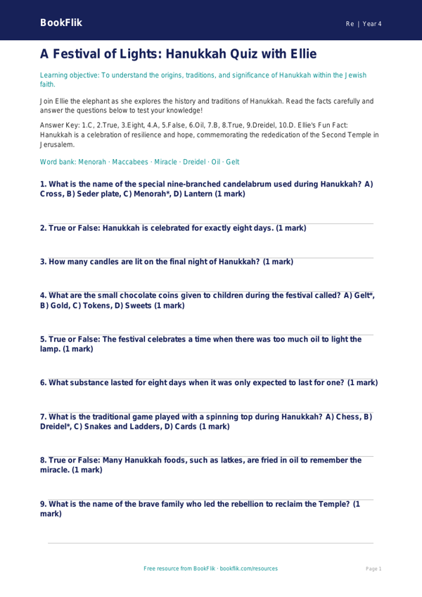 Free Hanukkah Quiz | Grade 3 | Social Studies | BookFlik worksheet preview — Re Hanukkah