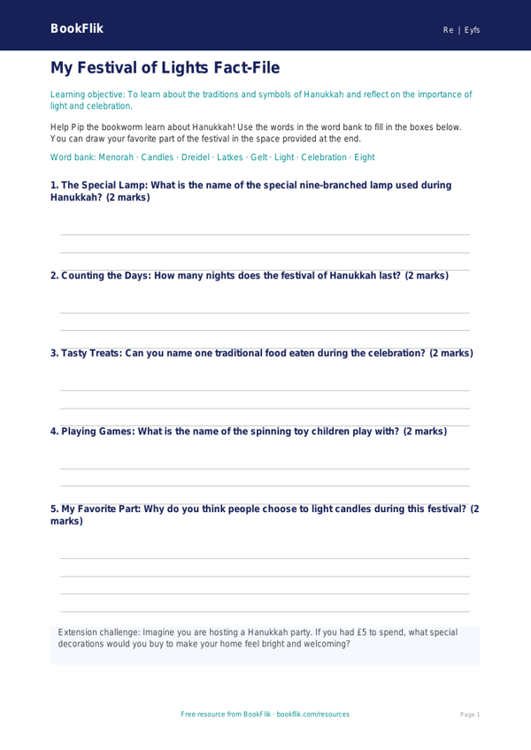 Free Hanukkah Template | Pre-K | Social Studies | BookFlik worksheet preview — Re Hanukkah