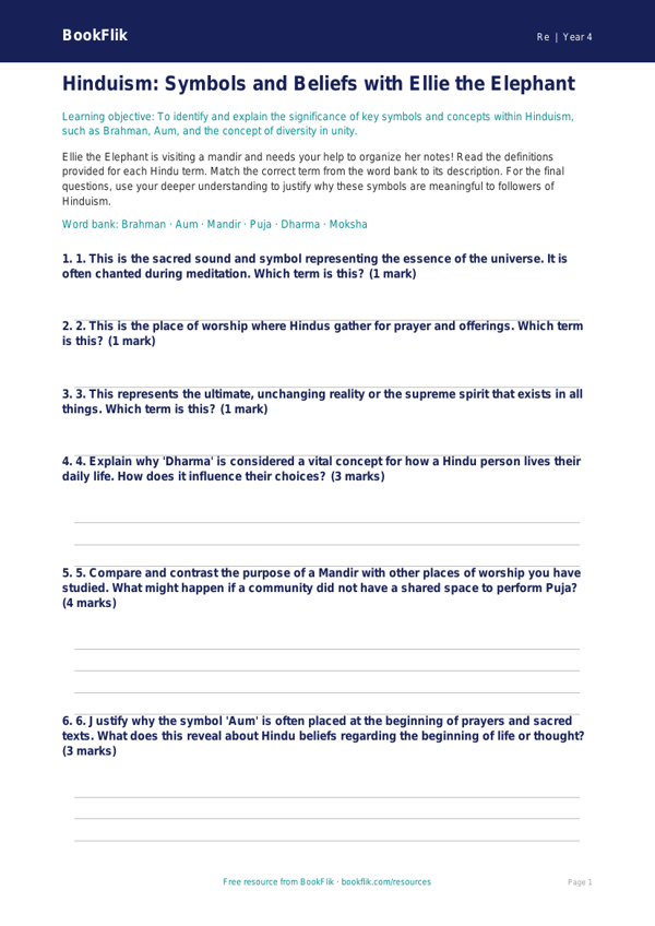 Free Hinduism Activity Sheet | Grade 3 | Social Studies | BookFlik worksheet preview — Re Hinduism