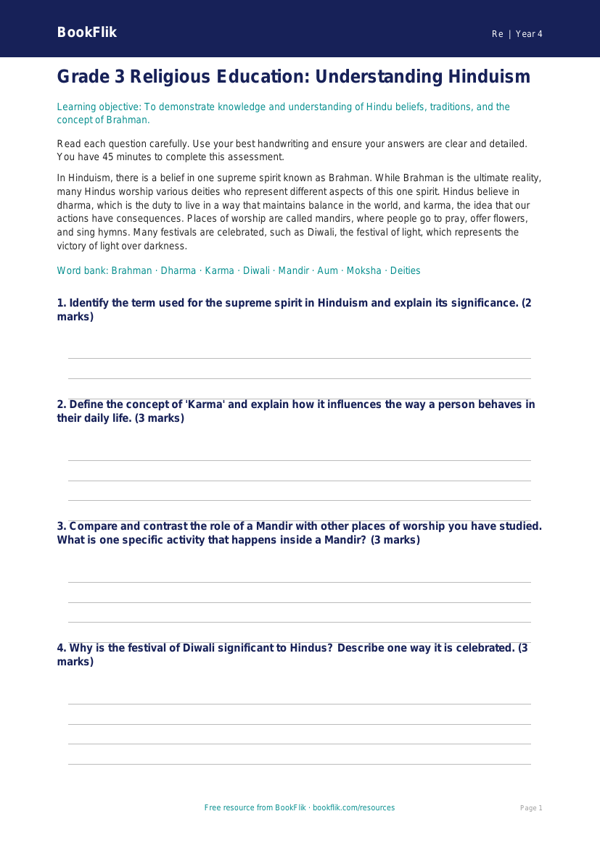 Free Hinduism Assessment | Grade 3 | Social Studies | BookFlik worksheet preview — Re Hinduism