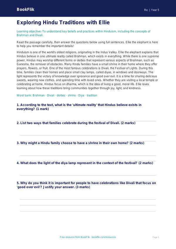 Free Hinduism Comprehension | Grade 4 | Social Studies | BookFlik worksheet preview — Re Hinduism
