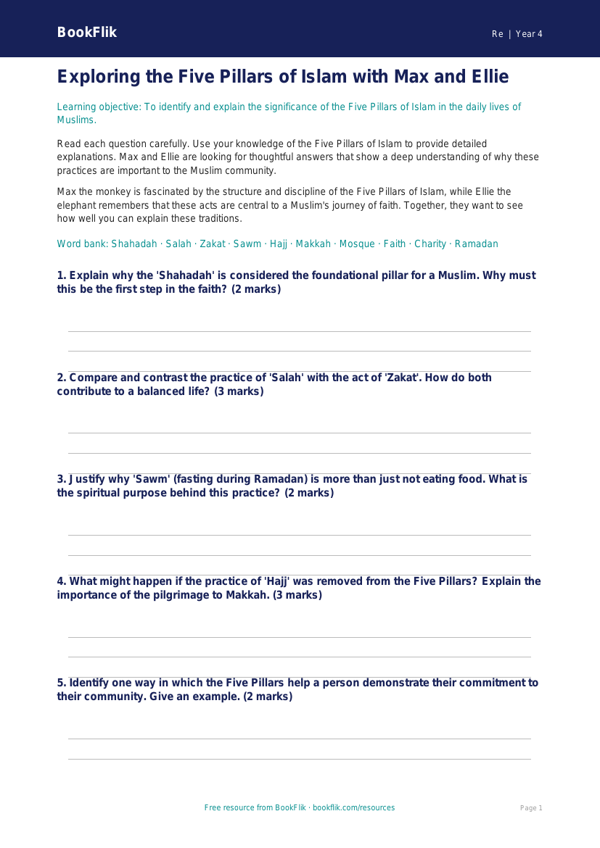 Free Islam Worksheet | Grade 3 | Social Studies | BookFlik worksheet preview — Re Islam