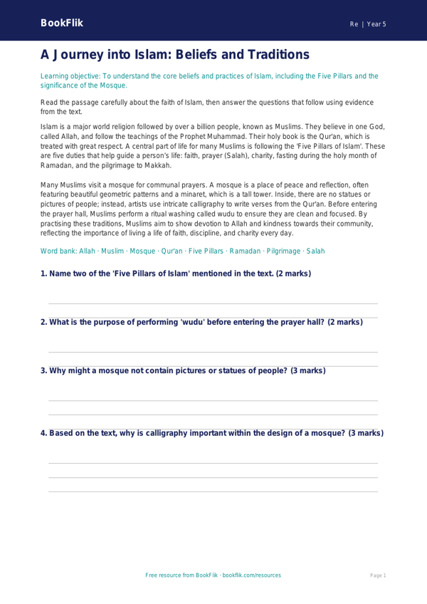 Free Islam Comprehension | Grade 4 | Social Studies | BookFlik worksheet preview — Re Islam