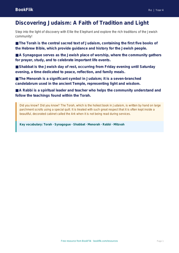 Free Judaism Poster | Grade 3 | Social Studies | BookFlik worksheet preview — Re Judaism