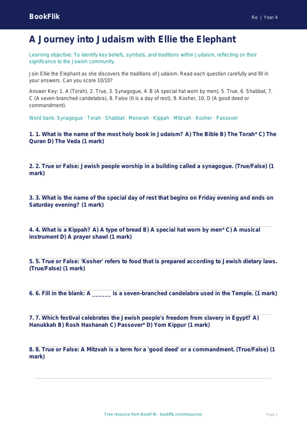 Free Judaism Quiz | Grade 3 | Social Studies | BookFlik worksheet preview — Re Judaism