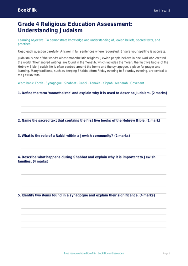 Free Judaism Assessment | Grade 4 | Social Studies | BookFlik worksheet preview — Re Judaism