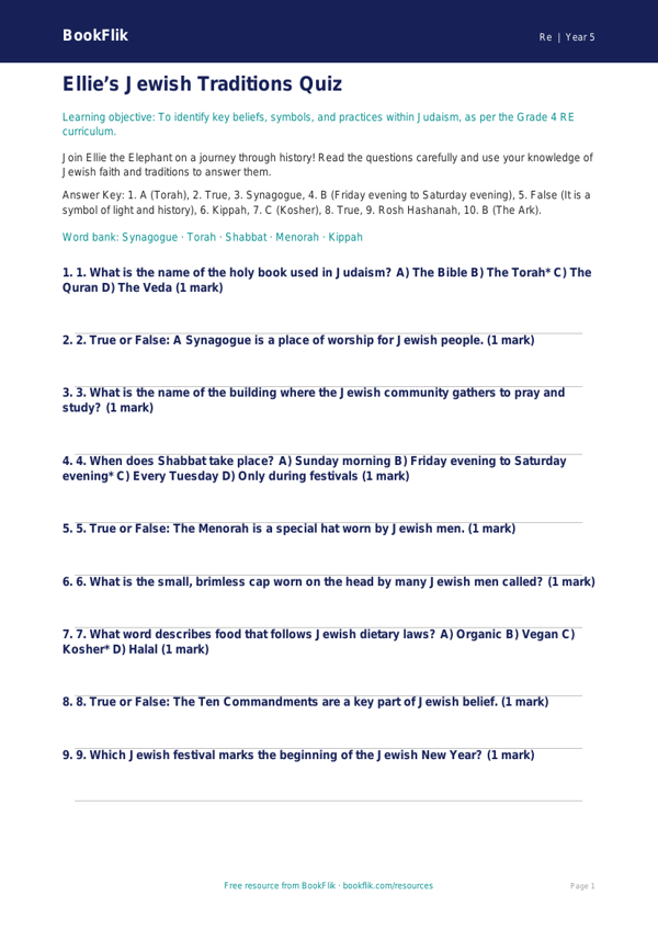 Free Judaism Quiz | Grade 4 | Social Studies | BookFlik worksheet preview — Re Judaism