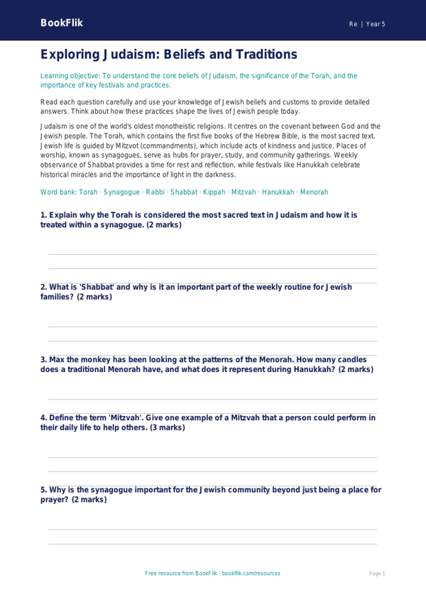 Free Judaism Worksheet | Grade 4 | Social Studies | BookFlik worksheet preview — Re Judaism