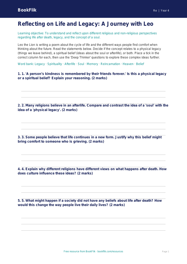 Understanding Cultural Traditions: Grade 3 Social Studies Activity worksheet preview — Re Life After Death